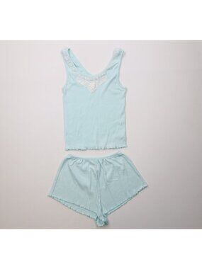 Vtg 80s 90s Babydoll Womens M 2 Piece Lace Flower Ribbed Ruffled Sleep Set USA